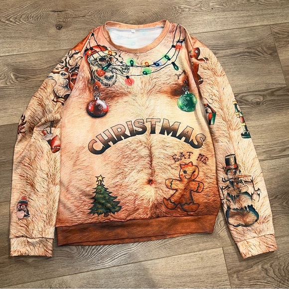 UGLY CHRISTMAS SHIRT WITH HAIRY BODY AND TATTOOS funny long sleeved holiday - Picture 1 of 2